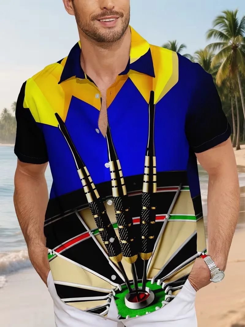 

Men's Darts Game 3D Print Hawaiian Shirt Dartboard and Darts Graphic Short Sleeve Beach Shirt Casual Vacation Button Down Tops