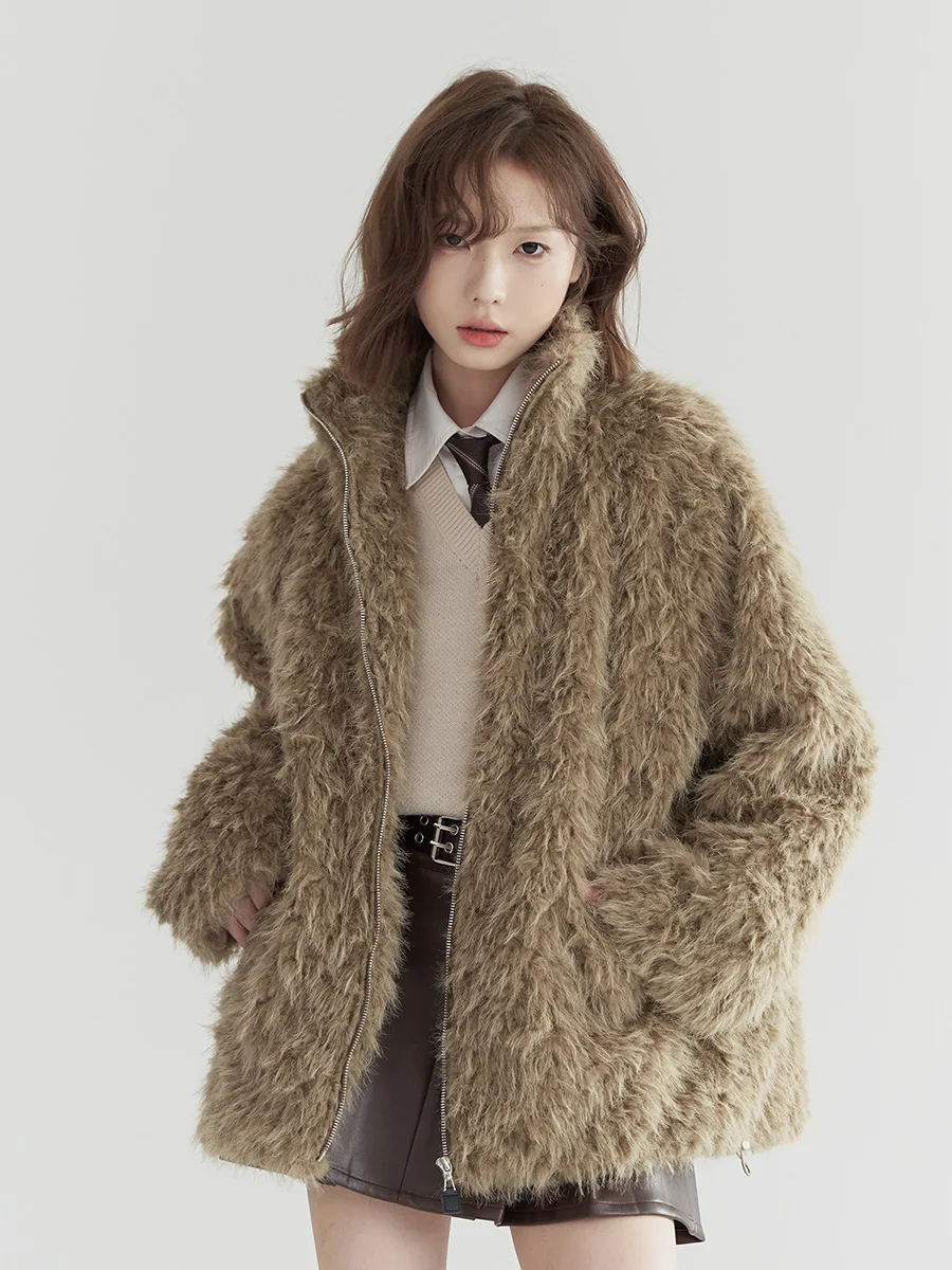 

Осенне-зимнее женское свободное меховое пальто с воротником-стойкой, длинное пальто Sve Simplici Sle из полиэфирного волокна, универсальное пальто pe