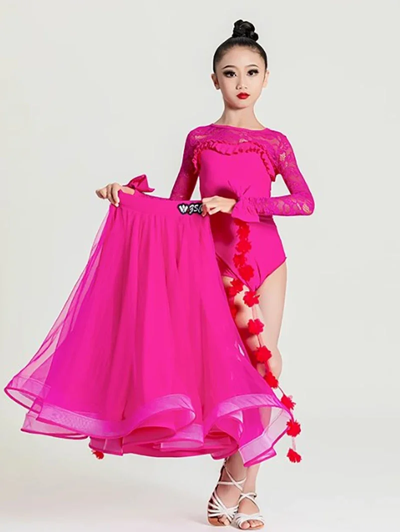Kids Girls Modern Dress Mesh Waltz Social Dance Lace Long Sleeve Bodysuit and Mesh Large Skirt Dancewear Ballroom Costumes