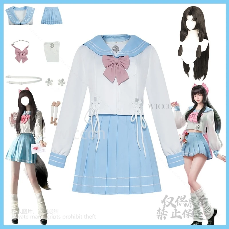 Anime Game Naraka: Bladepoint Anime Kurumi Hu Tao Costume Blue JK Uniform Wig For Woman Girls Sexy Kawaii Party Customized