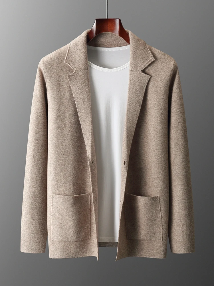 Spring Autumn Knitwear 100% Merino Wool Men's Sweater Suit Collar Solid Color Single Breasted Pocket Cardigan Soft Basic Tops