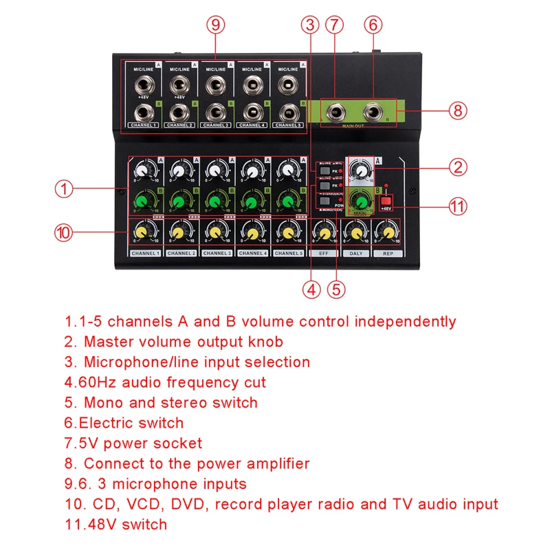 10 Channel Mixing Console Digital Audio Mixer Stereo Mic/Line Mixer Reverb & 48V Phantom Power for Recording DJ Live Karaoke
