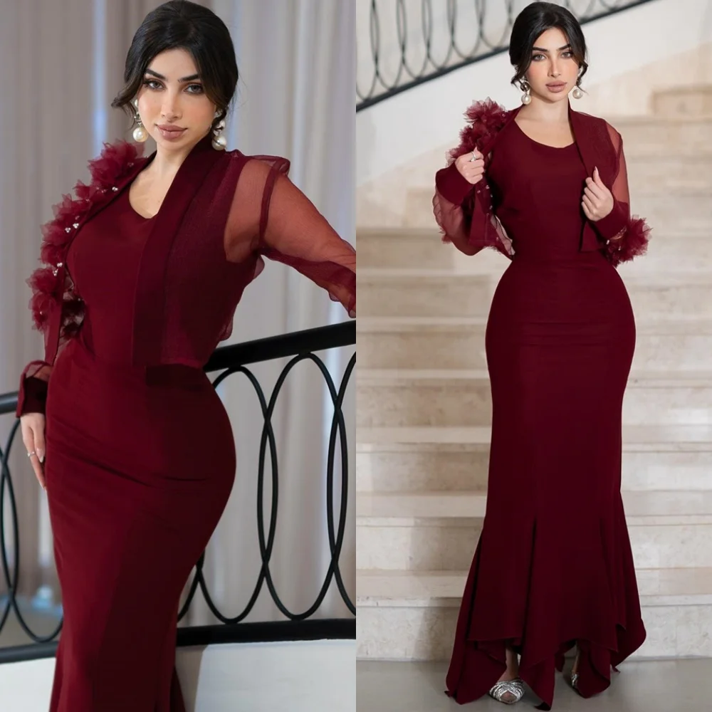 

Customized Mermaid Luxury Burgundy Jersey Evening Dresses Exquisite O-Neck Celebrity Gowns Temperament Special Occasion Gowns