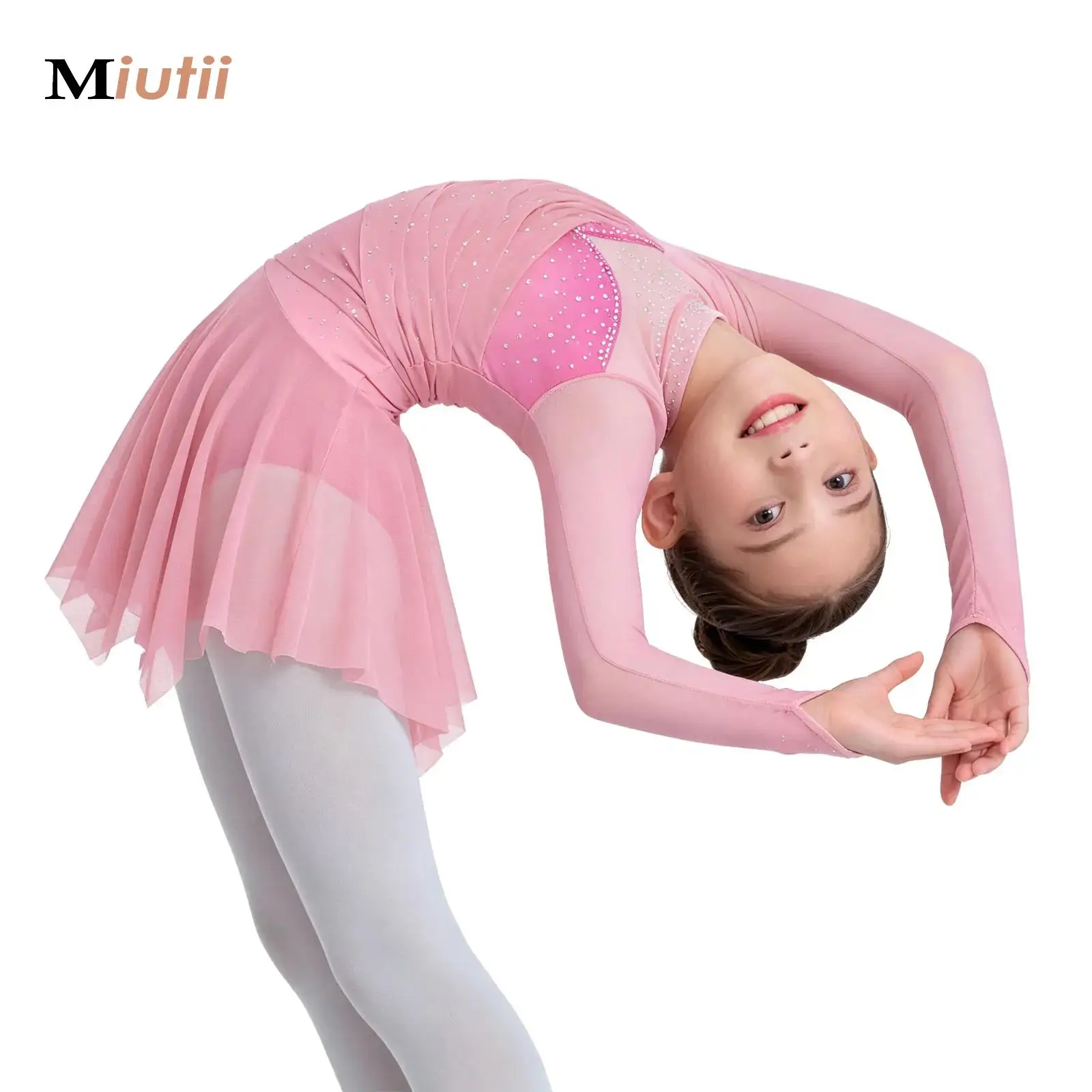 

Kids Girls Ruched Glittery Rhinestones Ballet Lyrical Dance Dress Ruched Mesh Skating Gymnastics Leotards Performance Costume
