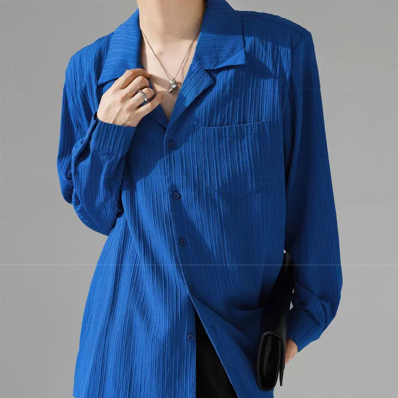 Commute Folds Texture Sensation Blouse Loose Korean Solid Color Female Spring Autumn Tailored Collar Basic Neutral Pockets Shirt