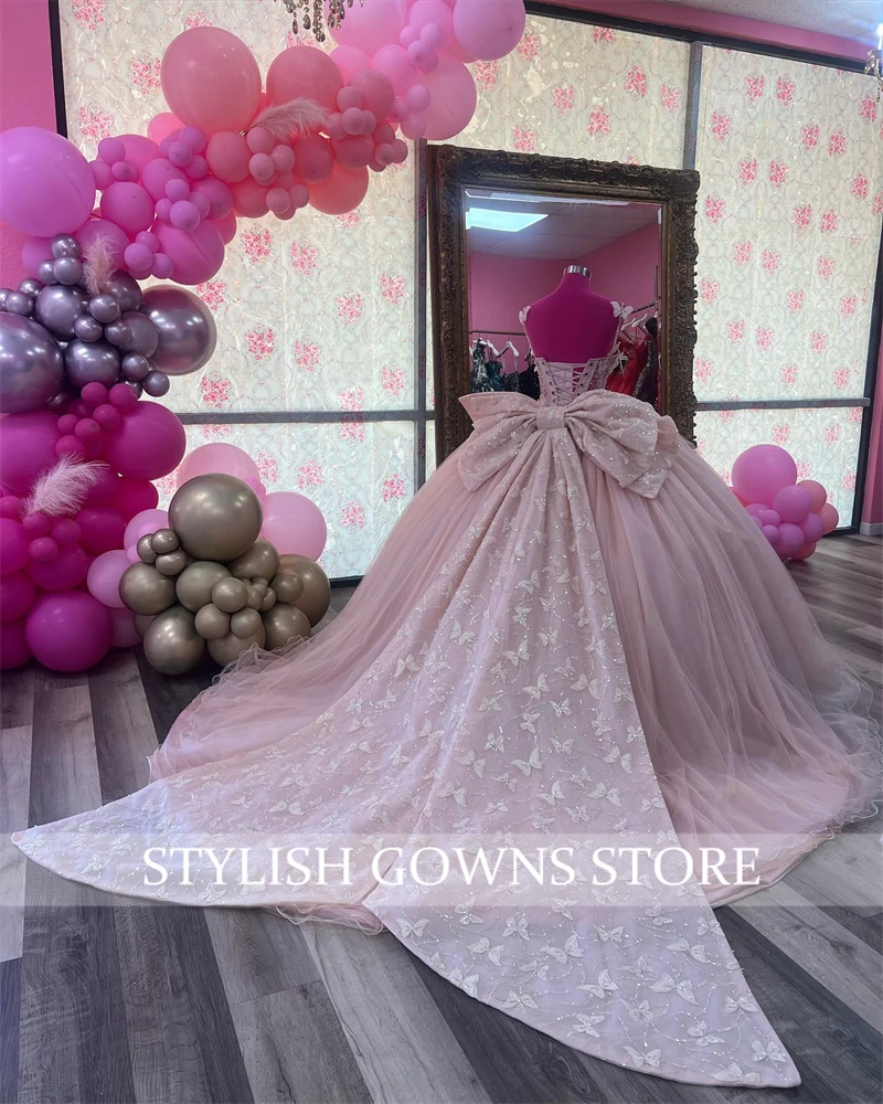 Rosa Schatz Ballkleid Quince anera Kleider für Mädchen Perlen Bogen Geburtstags feier Kleider schnüren zurück Abschluss Abschluss ball Kleid Robe