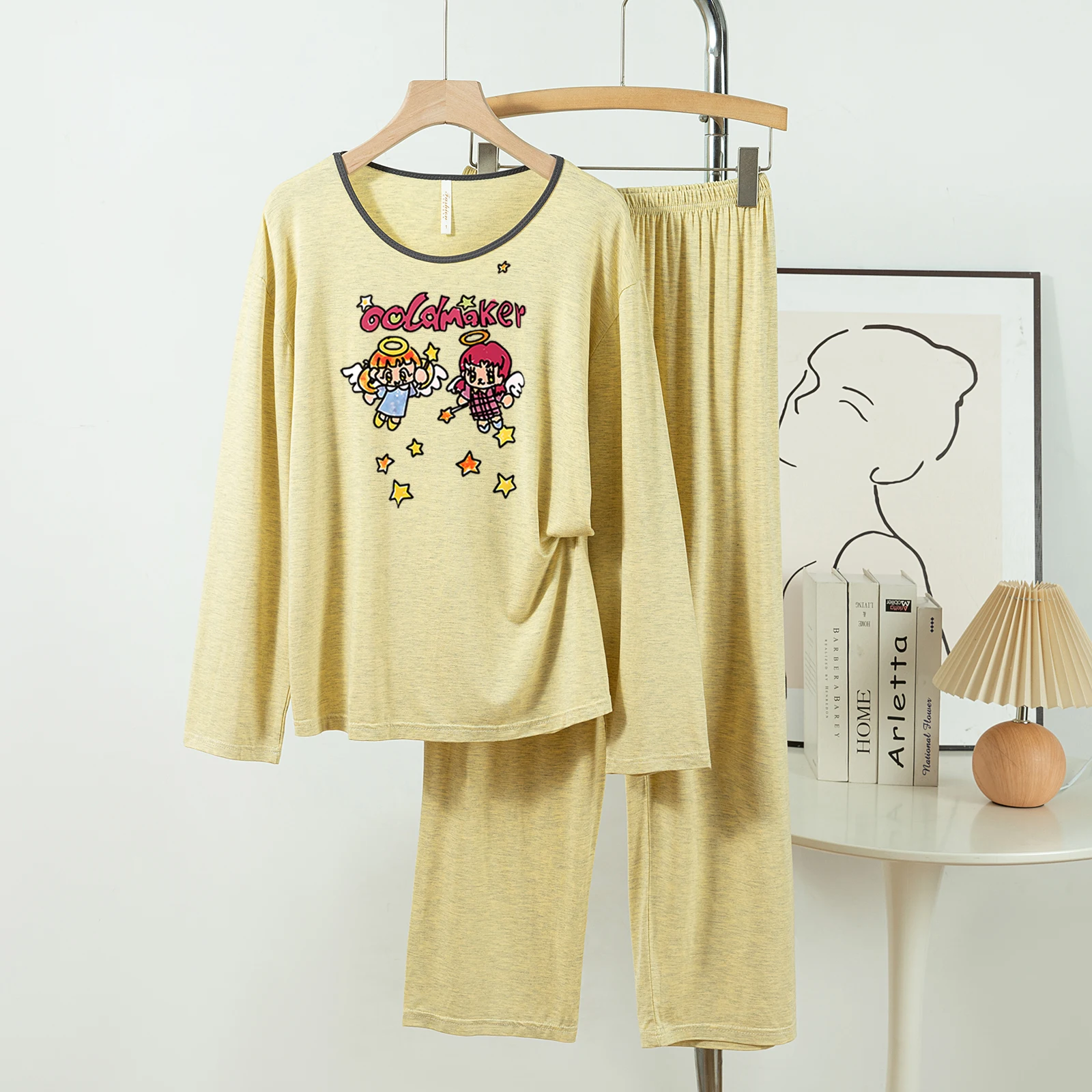 

5181-267 Повседневные и удобные пижамы из модального хлопка для женщин, новые весенне-осенние длинные брюки с длинными рукавами, однотонные повседневные