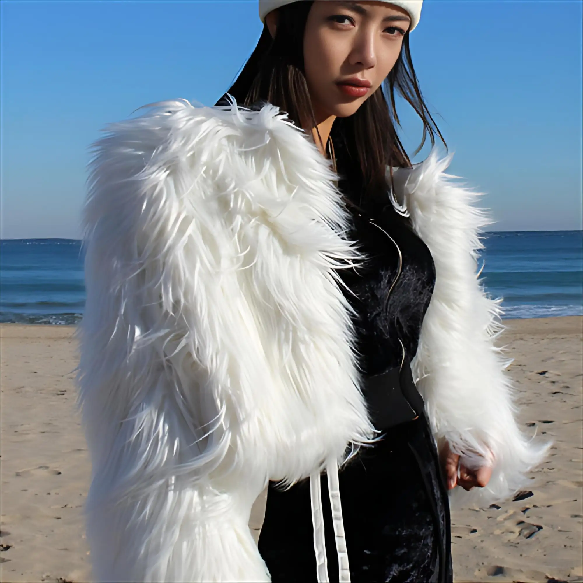 

Faux Fur Long Coat With Hood Coats Womens Huge Motorcycle Uniform Wife Edge Lantern-Sleeve Corduroy Hollow Fancy Streerwear Slim