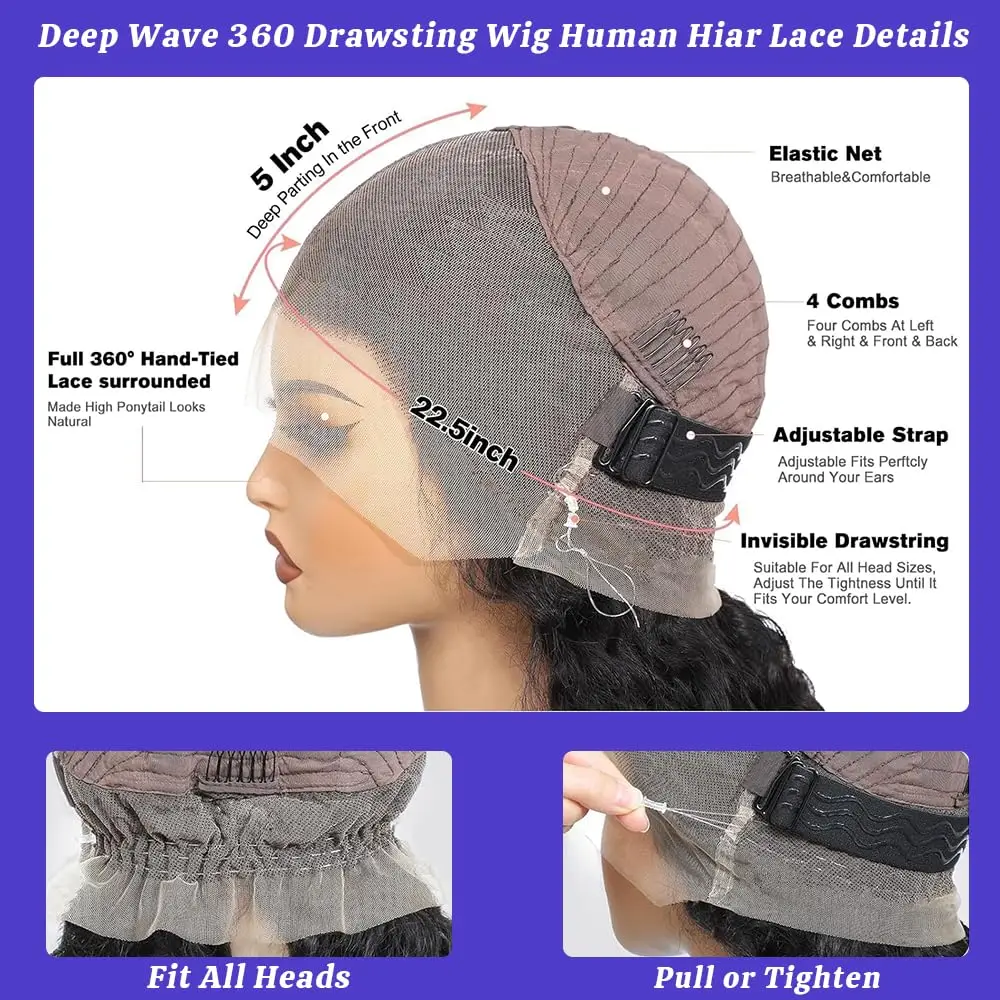 موجة عميقة 360 كامل الدانتيل غلويليس باروكة من شعر طبيعي حزام مخفي قبل قطعها غير مرئية الفرقة شعر مستعار طبيعي للنساء السود