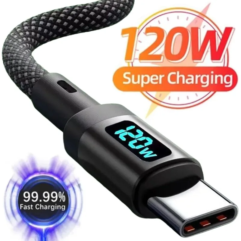 Sturdy Nylon Braided USB Type C Charger Cord 120W High-speed Charging Data Transfer Cables LED Digital Display USB C Wire