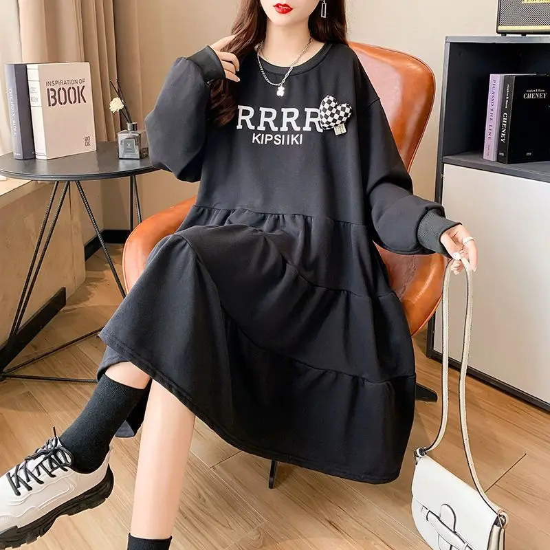 Autumn Winter Loose Printing Solid Color Long Sleeve Tshirt Dress Femme Casual Korean Pleated Bright Line Decoration Midi Dress