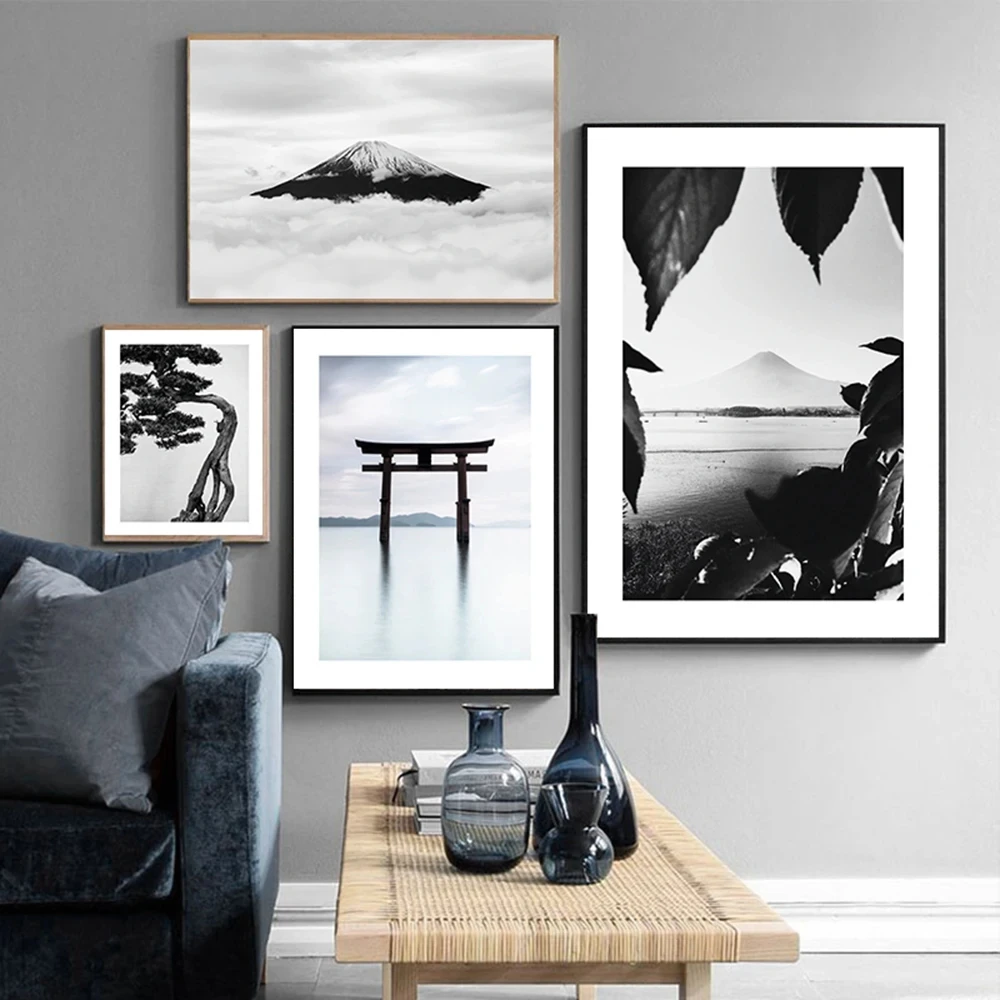 Japanese Letter Art Prints Canvas Painting, Black and White Fuji Posters, Torii Gate Bonsai, Modern Wall Picture, Living Room, H