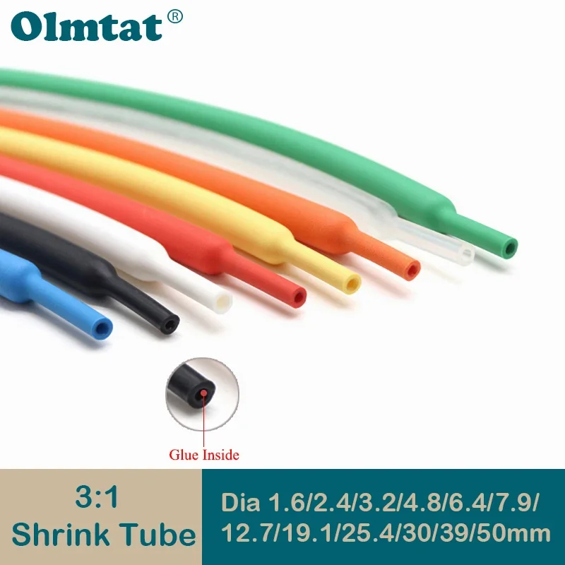 1/5/10/50/100M 3:1 Heat Shrink Tube dia 1.6/2.4/3.2/4.8/6.4/7.9/9.5/12.7/15.4/19.1/25.4/30/39/50mm With Glue Double Wall Tube