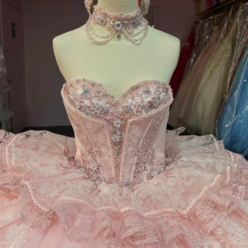 

Light Pink Quinceanera Dresses Off the Shoulder Glitter Decal Lace Layering Long tail Bow Vestido De 15 Quinceanera Customize