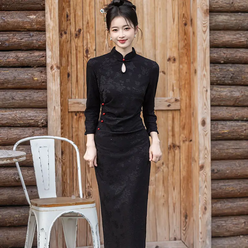 

Traditional Drop Collar Qipao Classic Lady Long Chinese Dress Sexy Jacquard Slim Split Cheongsam