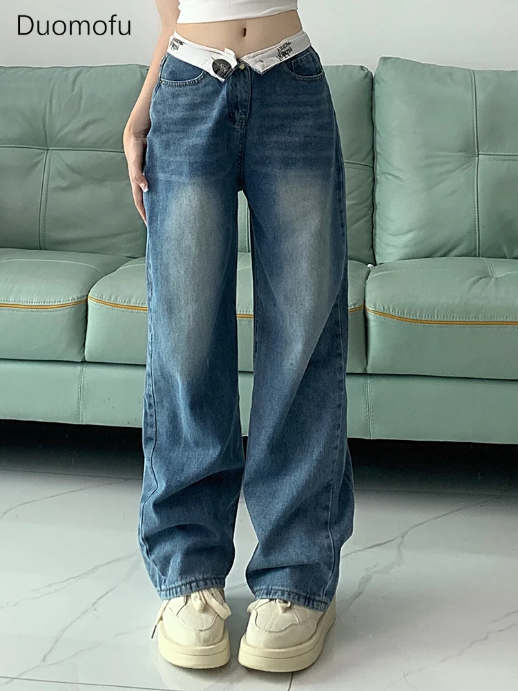 Duomofu blau schicke Brief manschetten lose gerade weibliche Jeans Sommer neue grundlegende hohe Taille schlanke einfache lässige Mode Frauen Jeans