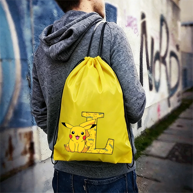 Big Size 43CM 16.93inch Cartoon Drawstring Bag Pokemons Pikachus Letter Sports Waterproof Backpack Bundle Pocket Terylene Bags