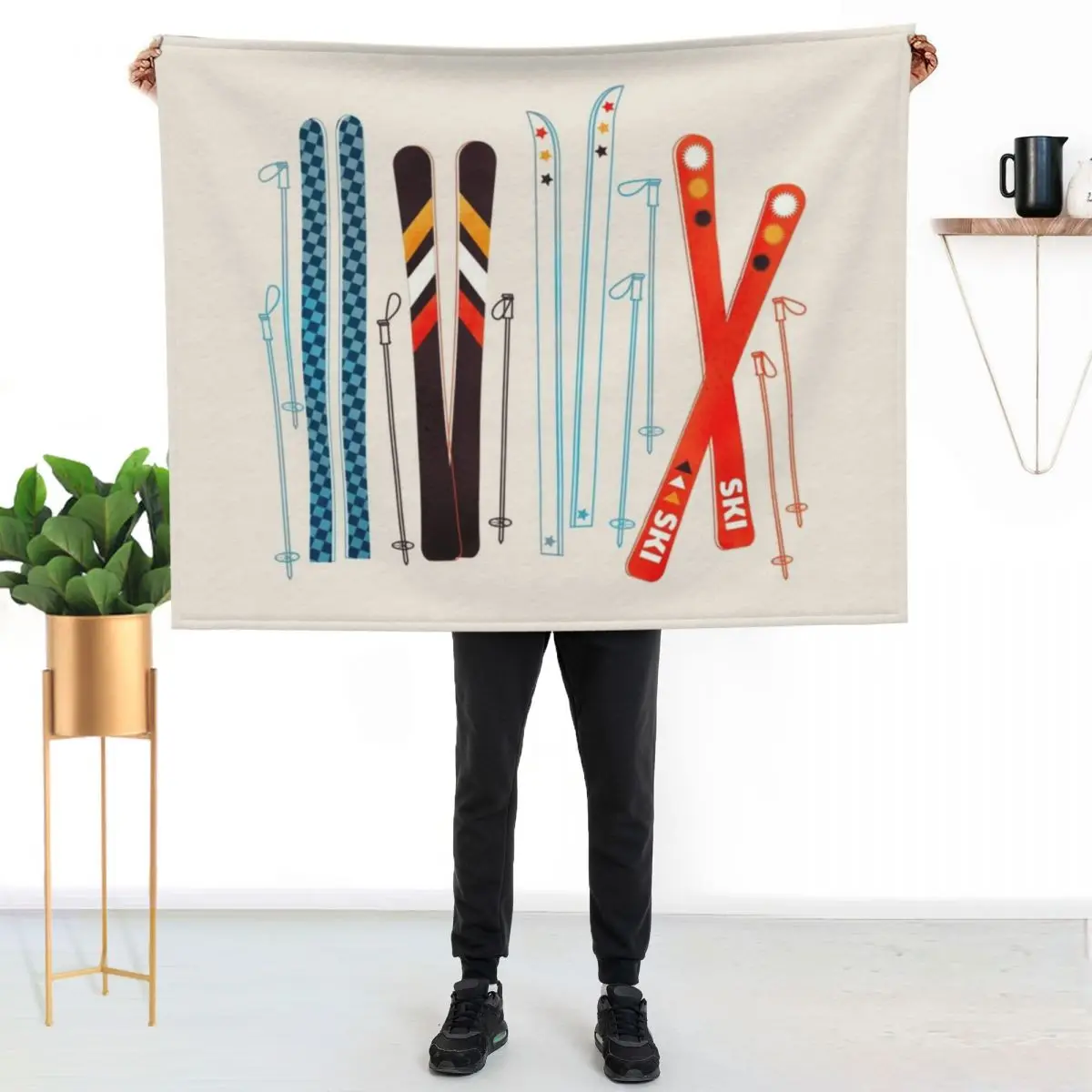 

Colorful Retro Ski Illustration Throw Blanket Warm Accent Blanket for Living Room Decoration