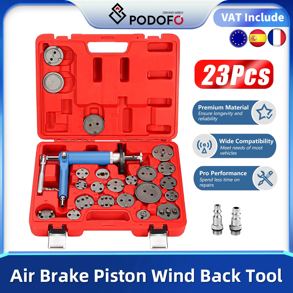 Podofo 23 Uds Herramienta De Pinza De Freno Neumática Juego De Herramientas De Aire Esparcidor De Rebobinado Kit De Herramientas De Compresión De Pistón De Freno De Disco De Aire Para Coche Camión — -35%, 26.92€ Coupon, from 49.99€ – 35% descuento – €49.99