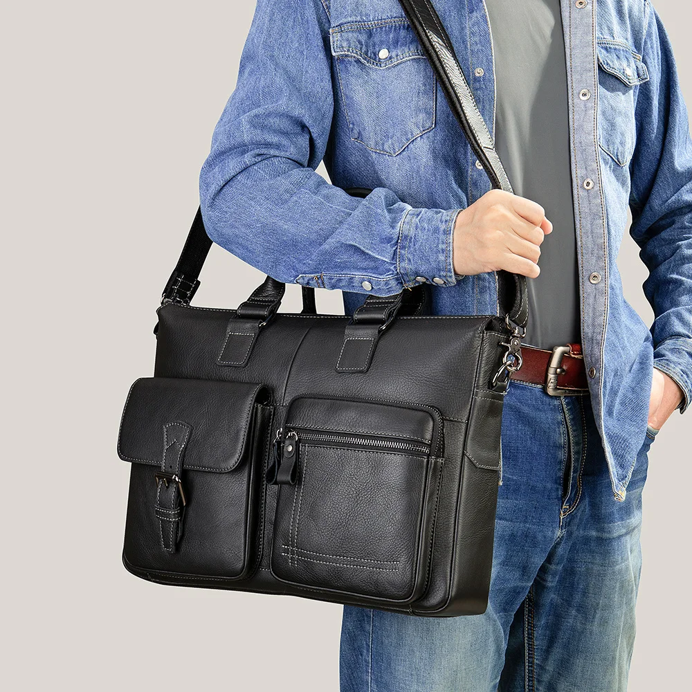 Heren Tas Echt Lederen Heren Aktetas Handtassen Voor 15.6 "Laptop A4 Mannelijke Schouder Messenger Bag Business Crossbody Tas