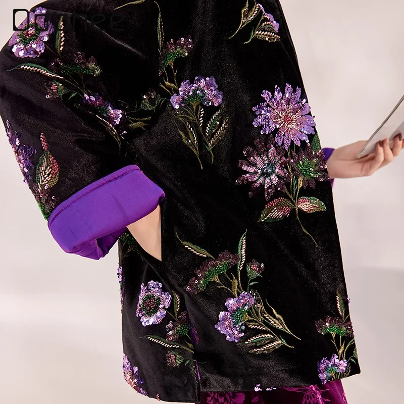 Spring New Chinese Embroidered Sequined Jacket Retro Colored Flower Thicken Coat Heavy Industry Ostrich Fur Patchwork Jackets