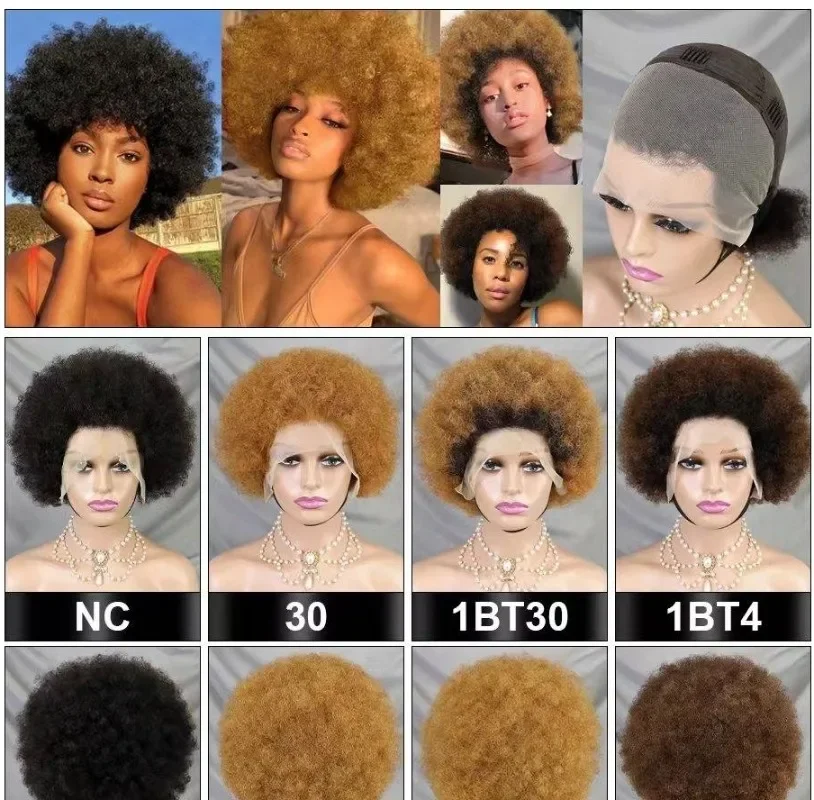 Wig keriting Kinky Afro pendek 13x4 wig Frontal renda transparan wig rambut Remy Brasil warna alami untuk wanita hitam