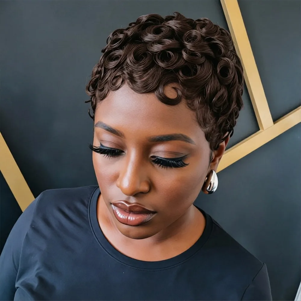 

Парик для Хэллоуина, праздничный подарок, короткий кудрявый парик из натуральных волос, машинная работа, парики из натуральных волос для женщин, парик с прической пикси.