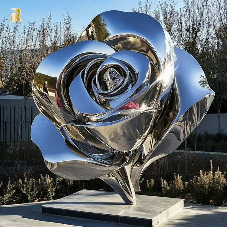 نحت زهرة معدنية مزخرفة كبيرة للحديقة، نحت ورد من الفولاذ المقاوم للصدأ #3