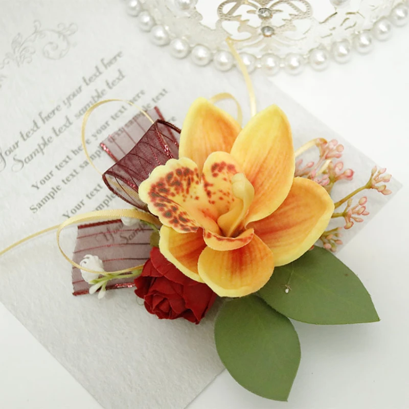 ผ้าไหมกุหลาบ Boutonniere ผสมริบบิ้น Corsage แต่งงานสร้อยข้อมือเพื่อนเจ้าสาวเจ้าบ่าว Tulip Boutonniere ดอกไม้แต่งงานอุปกรณ์เสริม