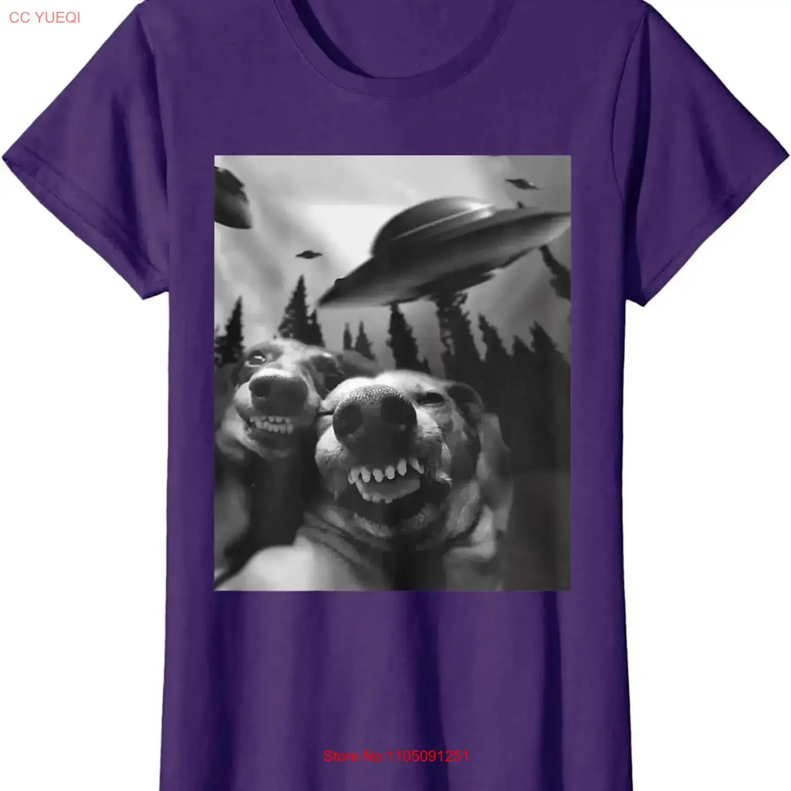 

Funny Dogs Selfie with UFOs Dog Lovers Pet Cute Ladies' Crewneck T Shirt vintage Washed Unisex Stretched Stylish Soft