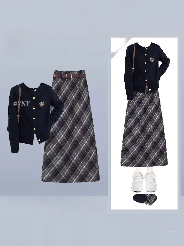 

Korean Style Autumn Winter Women's Knitted Cardigan And Plaid Skirt Two-Piece Set Fashionable Versatile High Waist Skirt