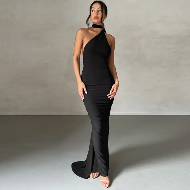 

2023 One Shoulder Backless Adjustable Scarf Loop Ruched Sexy Maxi Dress Women Elegant Y2K Streetwear Festival Outfit