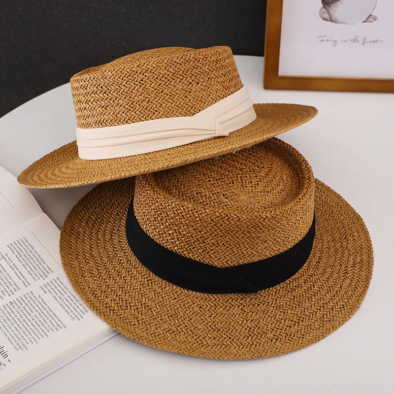 French Panama Straw Hat Ladies Sun Protection Summer Beach Sun Hat Men\'s Holiday British Retro Concave Flat Top Straw Hat Women