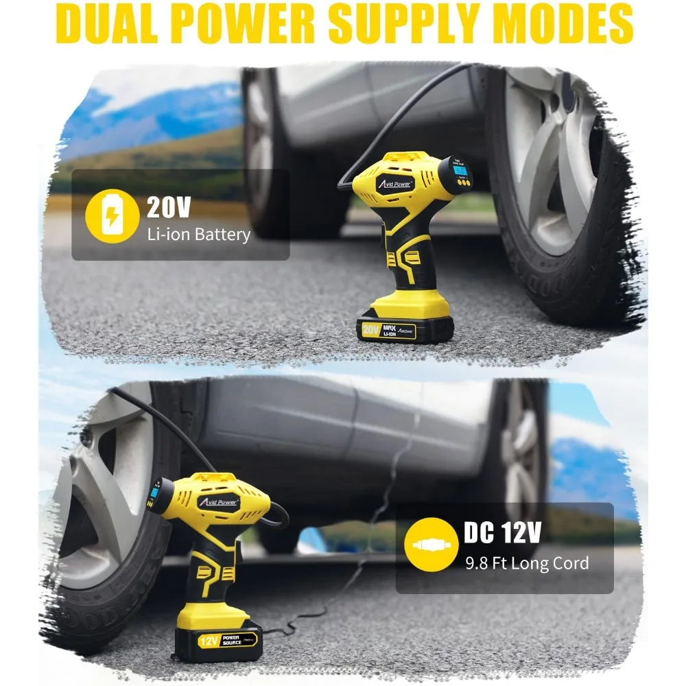 AVID POWER منفاخ إطارات لاسلكي ضاغط هواء محمول، مضخة إطارات سيارة تعمل ببطارية قابلة لإعادة الشحن 20 فولت مع محول تيار مستمر 12 فولت،