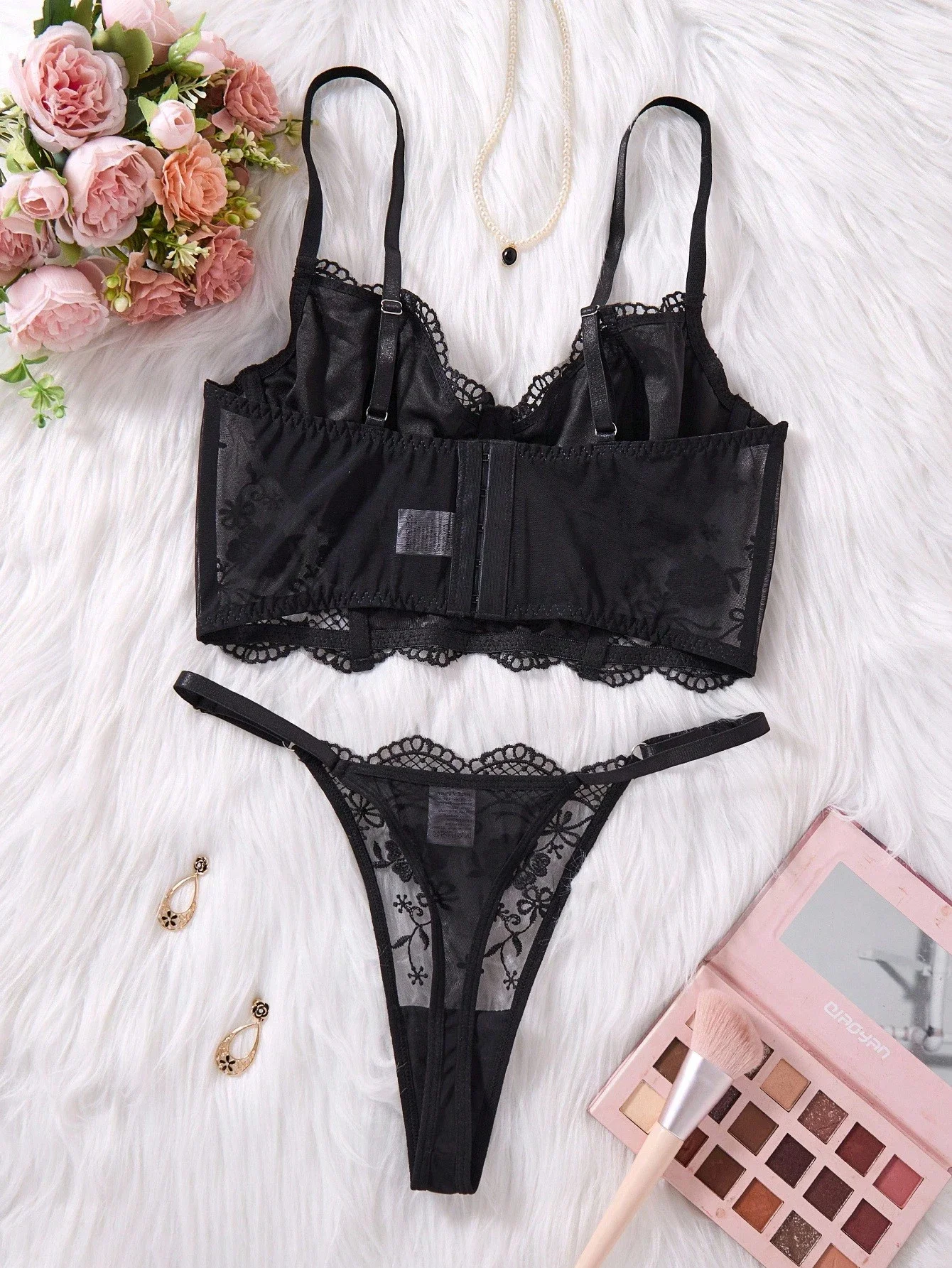 Black Lace Three-Piece Lingerie Set With Sheer Floral Details - Image 4