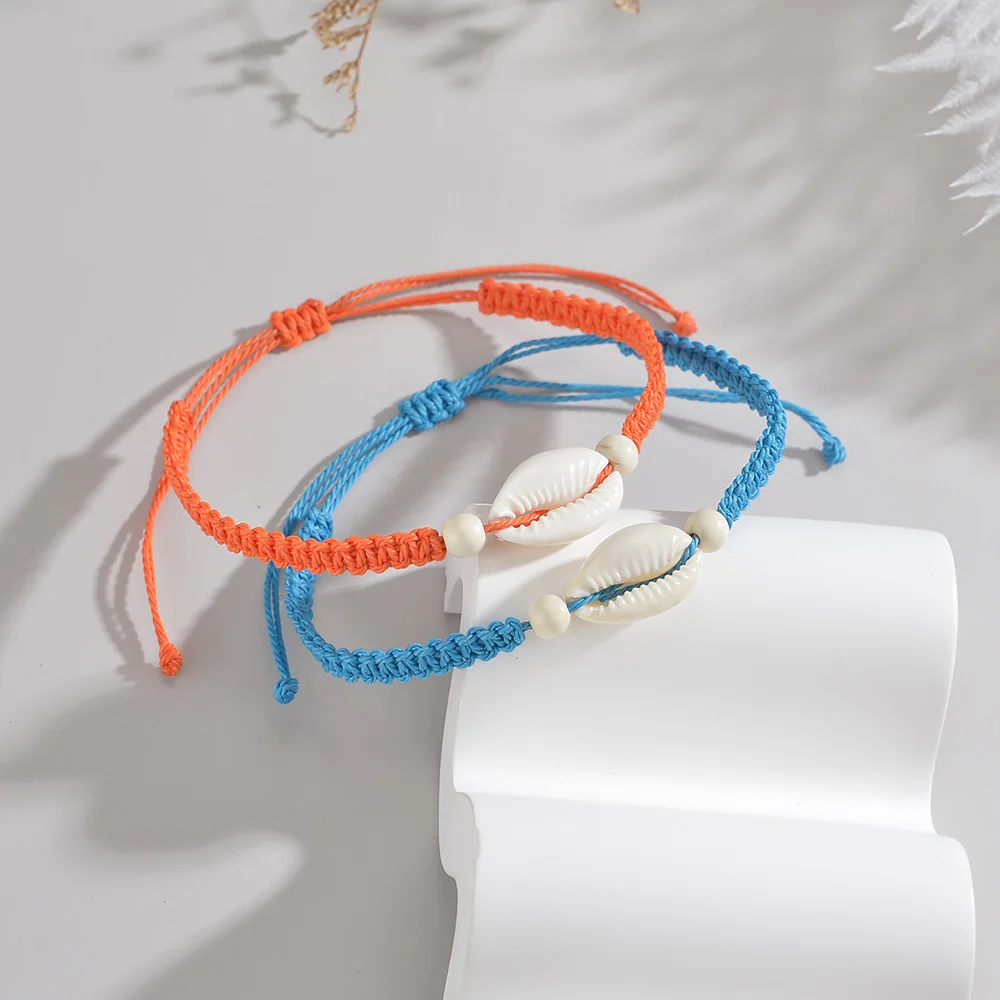 Fashionable Vacation Style Natural Seashell Red and Blue Rope Woven Adjustable Double-Layer Bracelet Unisex Jewelry Gift
