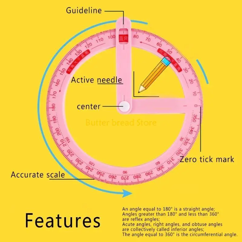 W89C PROTRACTOR SUCHED 360 Grados Ruler Circle Classroom Math Geometry Herramientas redacción Papelería para