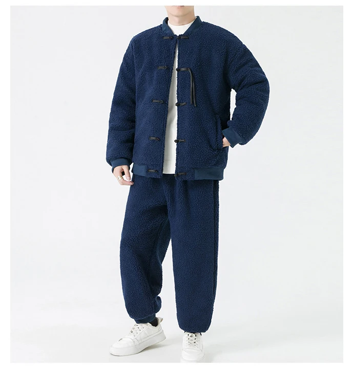 Men's Thickened Lamb Wool Two-Piece Set Chinese Style Winter Jacket Male Gown Outerwear Cotton Clothes New Arrival