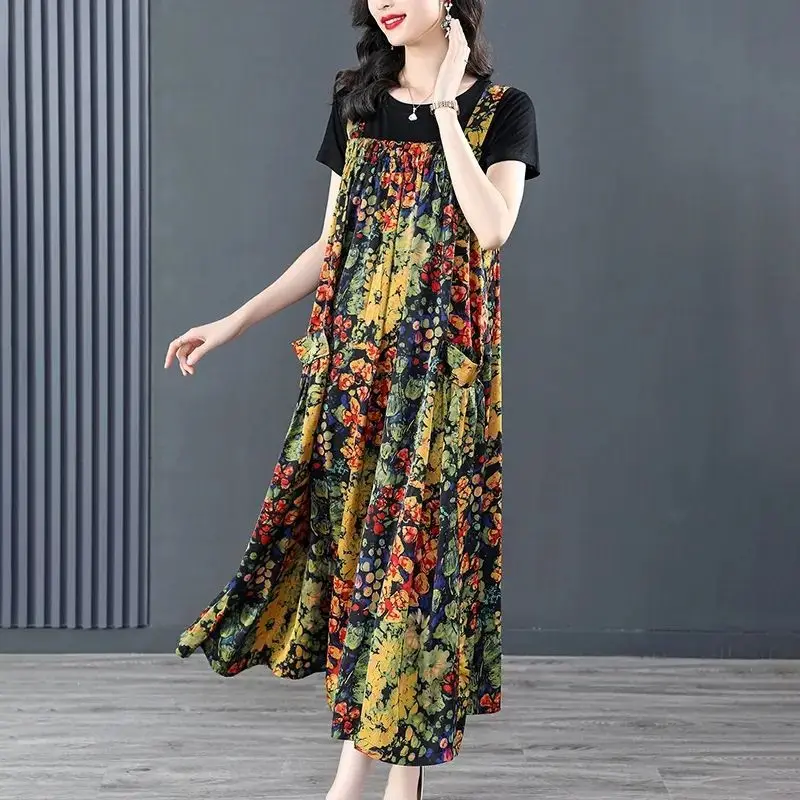 Vintage Broken Flowers Long Dress Sets Summer Short Sleeve Female Clothing Casual Loose A-Line Stylish Shirring Matching Sets