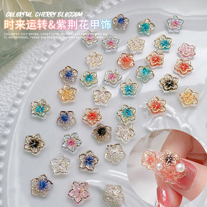 40pcs Resin Floral Nail Decoration Gold Edge Lucky Clock Colorful Flower Trend Nail 3D For DIY Manicure accessory