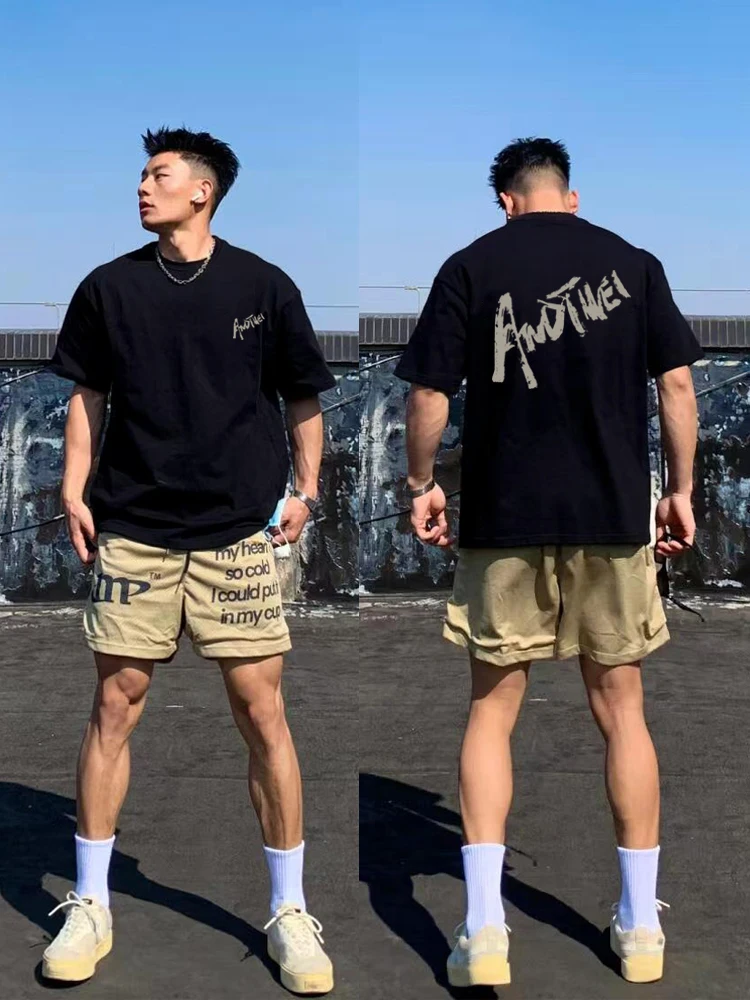 

European and American Ruffian Handsome Advanced Sense English Short-sleeved T-shirt Men's Heavy Pure Cotton Casual Trendy Brand