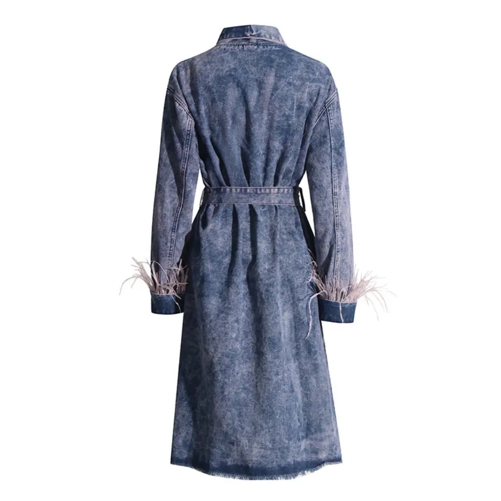 

Women's Long Denim Trench Coat Turn-Down Collar Ostrich Feather Patchwork Lace-Up Front European American Trendy Autumn