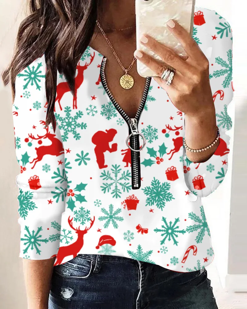 Fashion Long Sleeve Zipper Christmas Print Tops And Blouses Women 2023 Autumn Winter Causal Elk Top Femme Blouse For Women