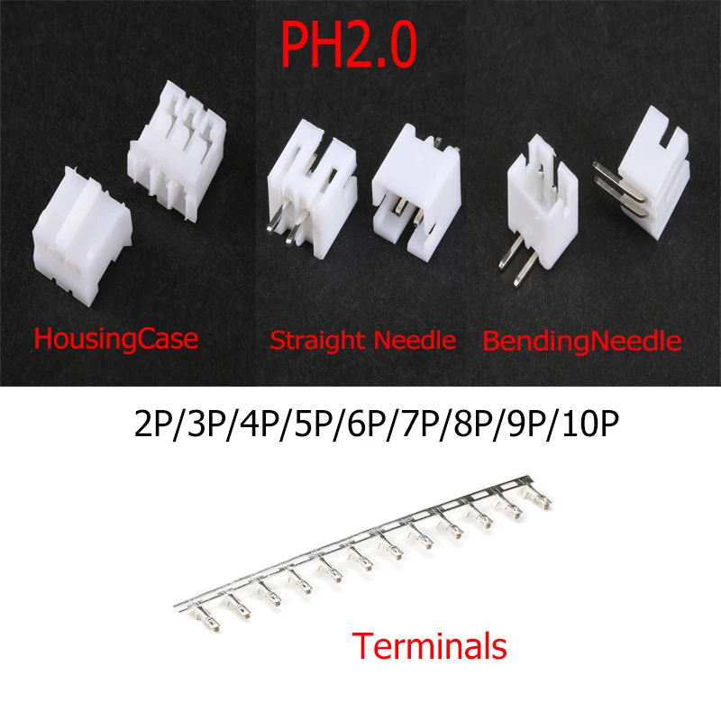 10PCS PH2.0 2MM Connector 2P/3P/4P/5P/6P/7P/8P/9P/10P Housing Case/ Straight Or Bending Needle/ Terminals100PCS
