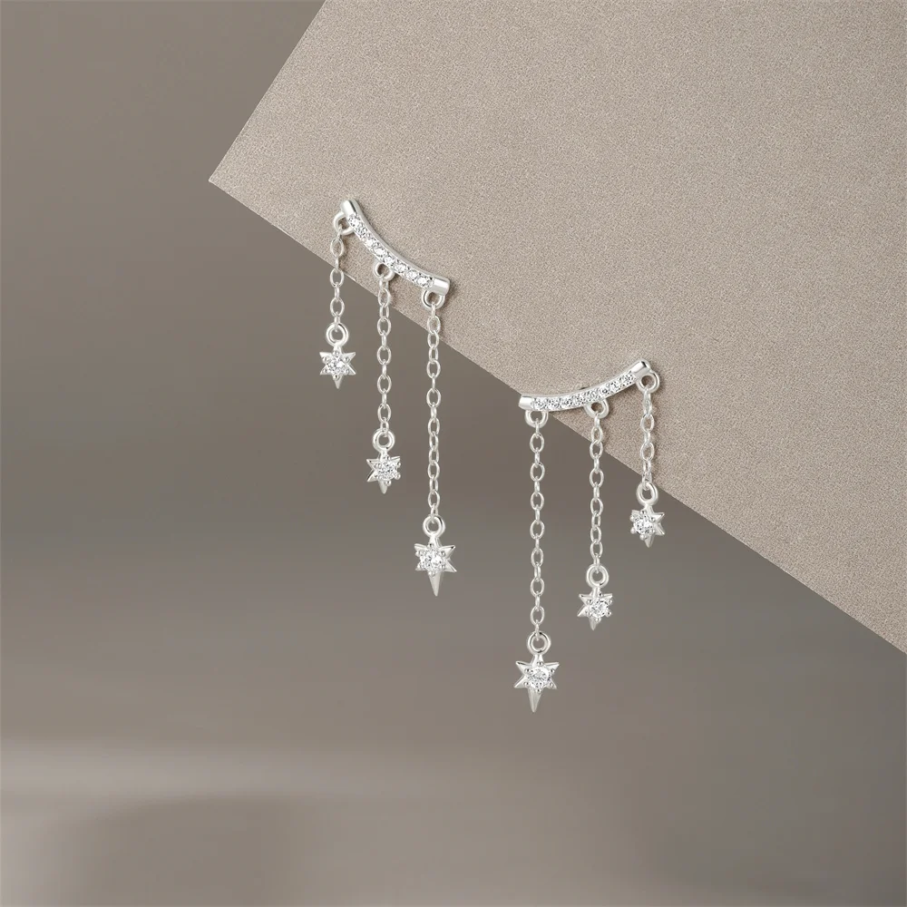 AIDE Exquisite Star Zircon Tassel Chain Dangle Earring for Women 1Pair 925 Sterling Silver Pierced Ear Stud Earring Jewelry Gift