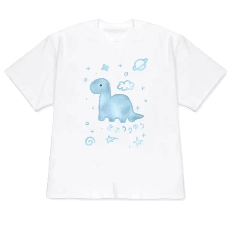 Minimalist Dinosaur Doodle Graphic T-Shirt Cute Kawaii Space Print Short Sleeve Casual Tee Women Summer Aesthetic Top Clothing