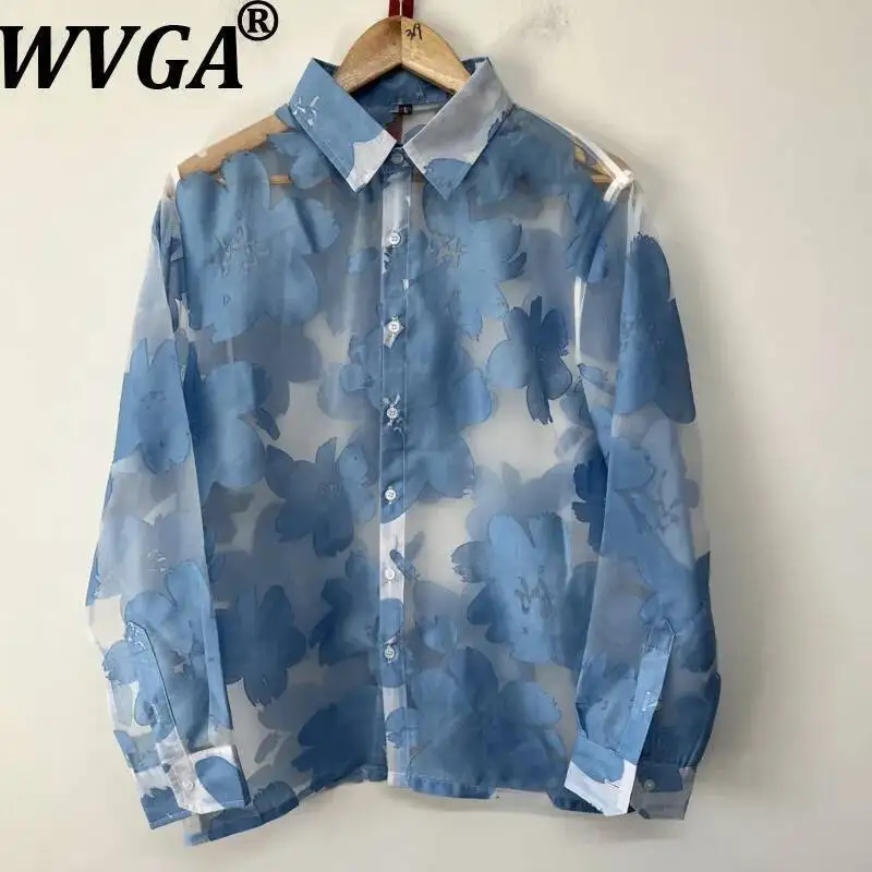 

WVGA Summer New Men's Large Floral Jacquard Sheer Organza Design Personalized Versatile Shirts Ncihe Chic Casual Tops Ins W23231
