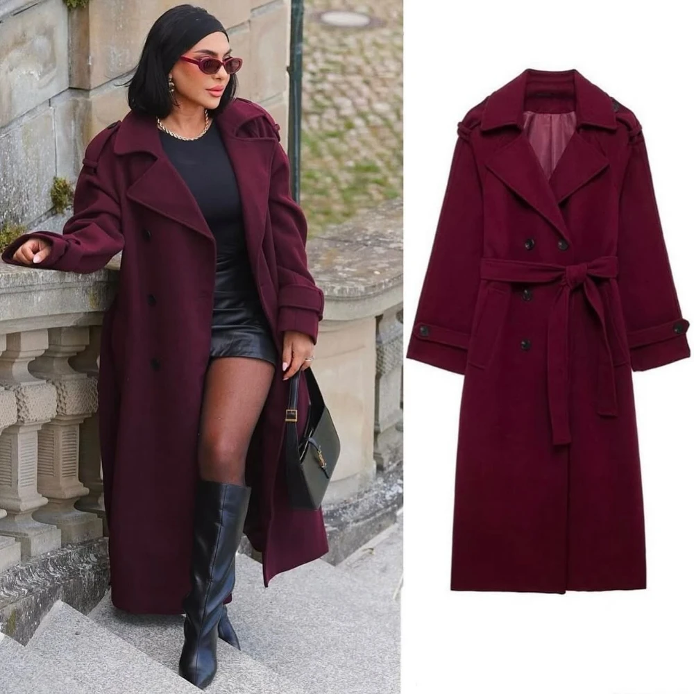 ZBZA Women's Lace-up Long Coat Loose Lapel Double-breasted Long-sleeved Commuter Solid Oversize Windbreaker Fall Winter Overcoat