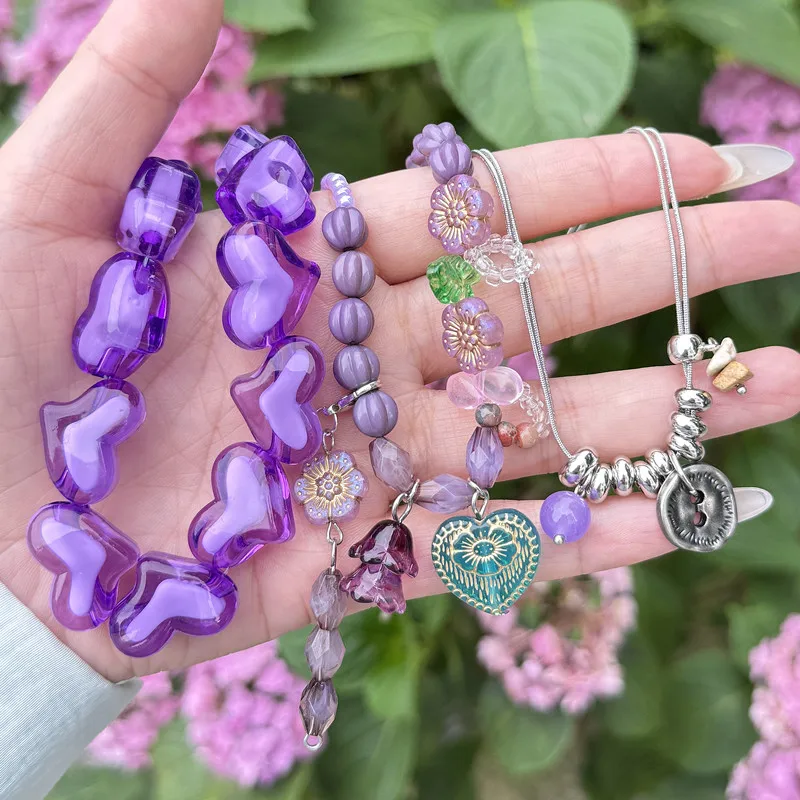 Damen Y2K Lila Acrylperlen-Halskette Süßer Sommer Trendiger Frecher Schmuck-Accessoire
