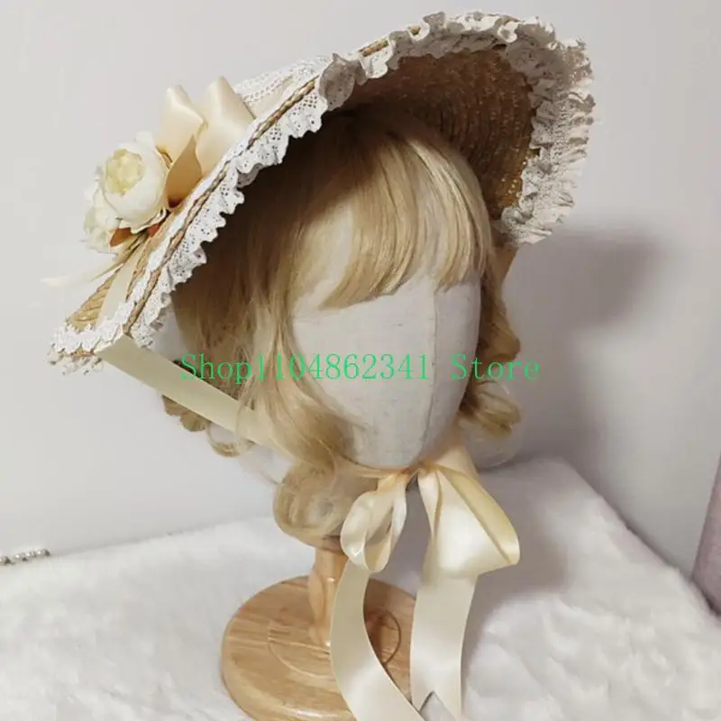 

652F Cosplay Hair Accessories Straw Hat Ribbon Bowknot Japanese Lace Headdress